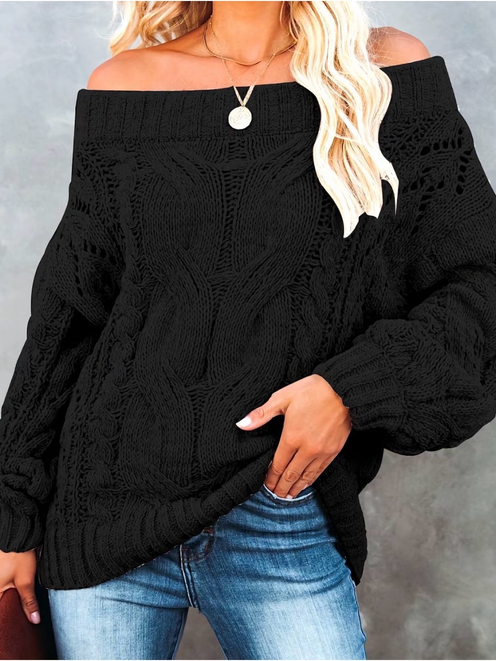 Off-Shoulder Cable Knit Sweater - Black